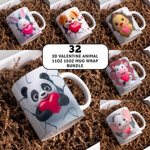 May include: A collection of white ceramic mugs with various 3D animal designs, including a bunny, puppy, chick, panda, cow, and elephant, each holding a red heart. The mugs are part of a bundle and are labeled with the text "32 3D VALENTINE ANIMAL 11OZ 15OZ MUG WRAP BUNDLE".
