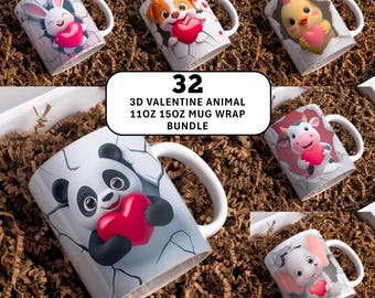 3D Animal Hole In A Wall Valentines Day Coffee 11oz & 15oz Mug Wrap PNG Bundle Sublimation Designs Template