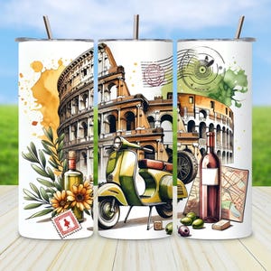 Italy Tumbler Wrap PNG, Colosseum 20oz Skinny Wrap Sublimation, Italian Scooter Design, Wine Olive Oil, Travel Printable, Digital Download