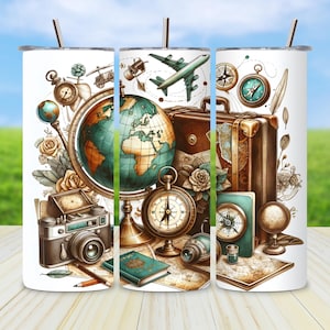 May include: A white travel-themed tumbler featuring a vintage globe, compass, camera, and suitcase design. The design includes a green airplane, maps, and floral accents. The tumbler has a silver straw and a white lid.