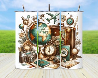 Travel Tumbler Wrap PNG, Adventure 20oz Skinny Design, Globe Compass Map Sublimation, Vintage Camera Art, Wanderlust Digital Download