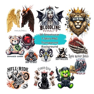 Streetwear PNG Bundle, 30 Trendy Digital Graphic Design PNG Files for Clothing & Fashion, High-Quality Download for Apparel Brands
