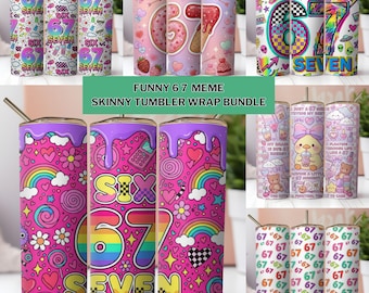6 7 Six Seven Retro Leopard Print Meme 20oz Skinny Tumble 8 PNG Design Bundle Trendy Sublimation Wrap Digital File Only