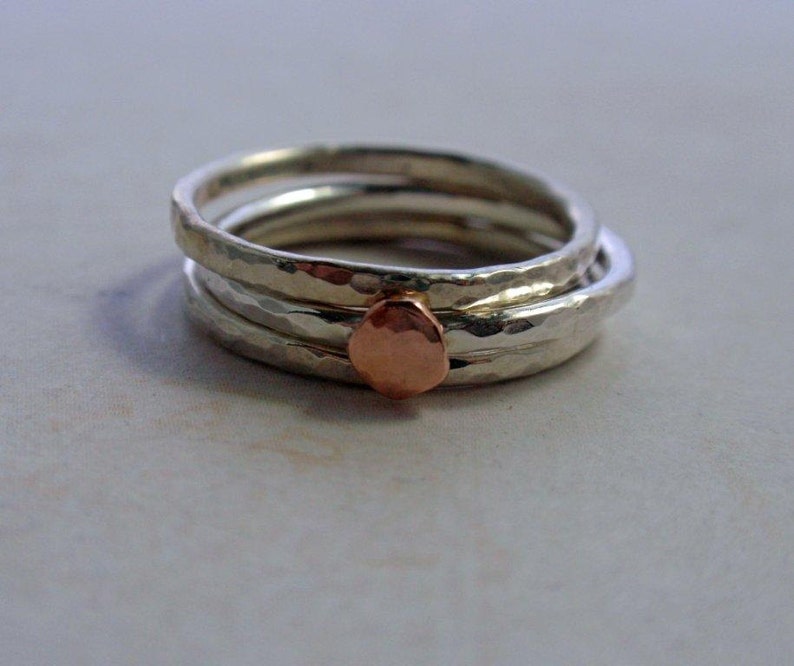 14K Rose Gold and Sterling Silver Ring Band Hammered Stacking Ring image 5