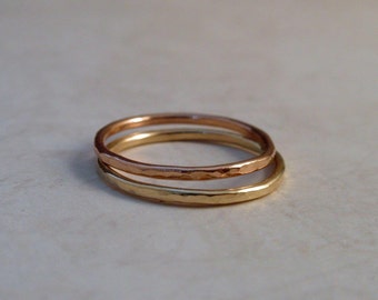 14K Gold Wedding Ring Band Set of Two Rose Pink Yellow Gold Stacking Rings