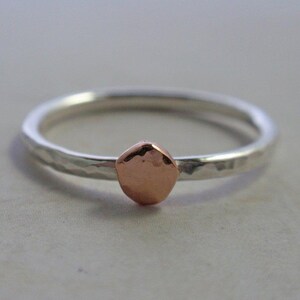 14K Rose Gold and Sterling Silver Ring Band Hammered Stacking Ring image 1