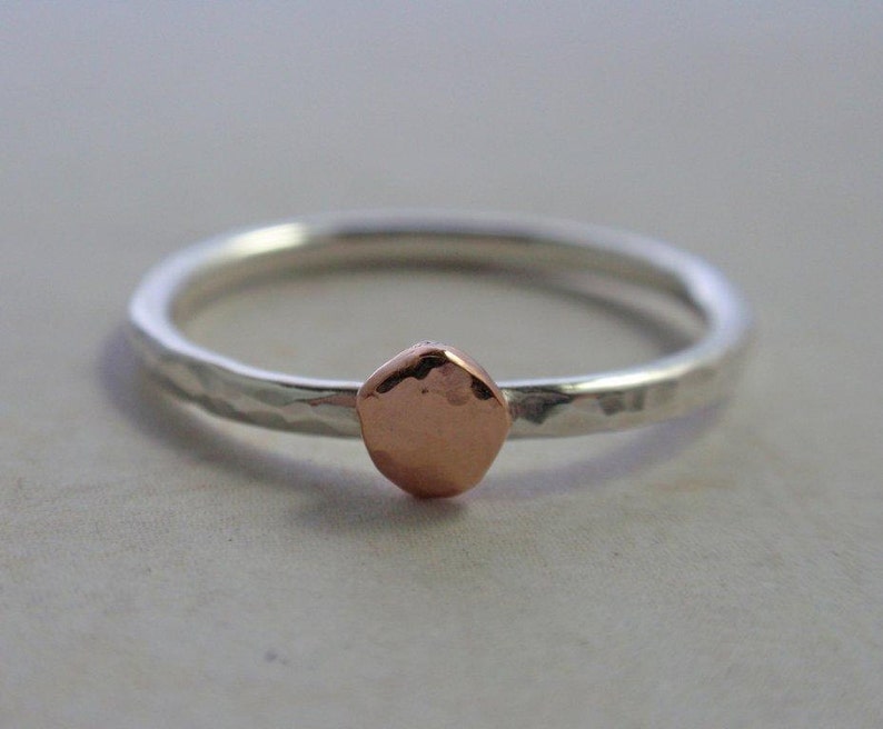 14K Rose Gold and Sterling Silver Ring Band Hammered Stacking Ring image 1