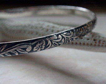 Floral Patterned Bangle Oxidized Sterling Silver Hawaiian Flowers