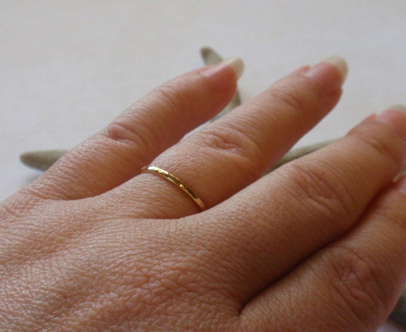 18K Gold Ring Band Hammered Skinny Stacking Ring in Stunning Gold image 5