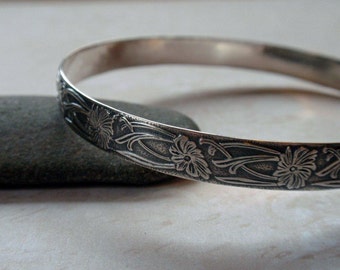 Art Nouveau Floral Bangle Oxidized Sterling Silver Bracelet