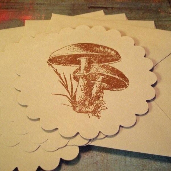 Mushroom Flat Note Cards Set of Four Hand Screenprinted Gocco