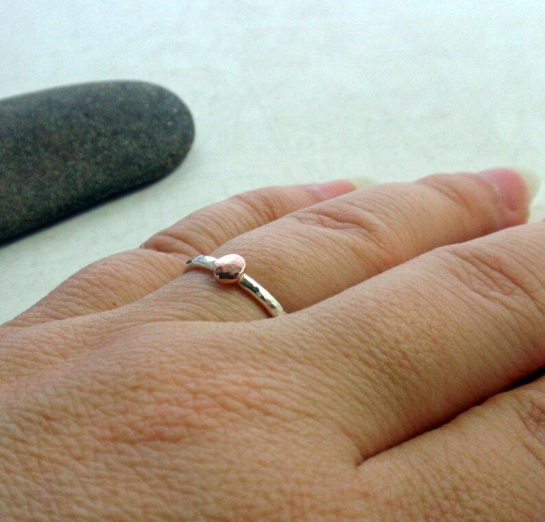 14K Rose Gold and Sterling Silver Ring Band Hammered Stacking Ring image 4
