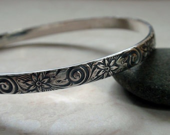 Floral Pattern Bangle Oxidized Sterling Silver Swirls and Flowers