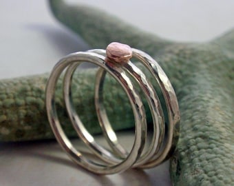 14K Rose Gold and Sterling Silver Hammered Stacking Ring Band Set of Three