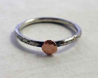 14K Rose Gold and Oxidized Sterling Silver Ring Band Hammered Stacking Ring