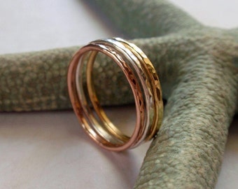Gold Stacking Ring Set Stunning 18K Yellow 14K Rose and Sterling Silver Hammered Skinny Rings