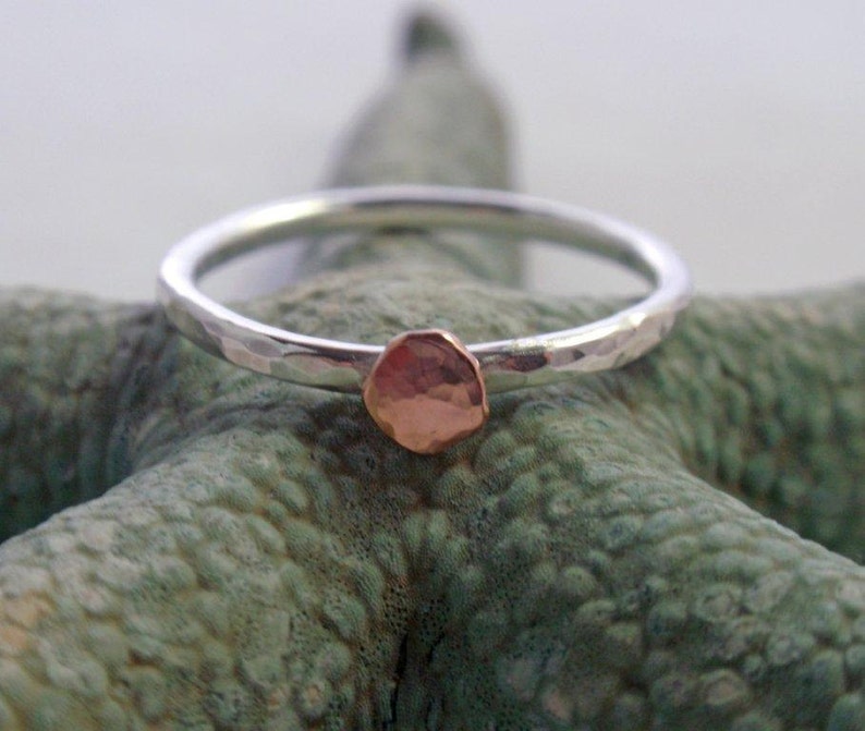 14K Rose Gold and Sterling Silver Ring Band Hammered Stacking Ring image 3