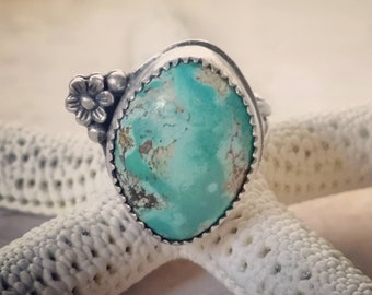 OOAK Turquoise Ring in Sterling Silver with Flower Accent