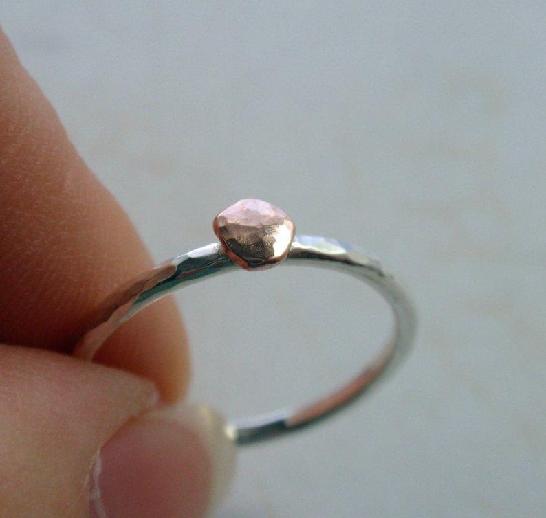 14K Rose Gold and Sterling Silver Ring Band Hammered Stacking Ring image 2