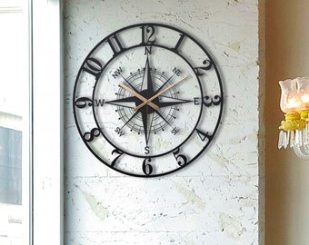 Oversized Wall Clock, Compass Art Clocks, Hosuewarming Gift, Fathers Day Gifts
