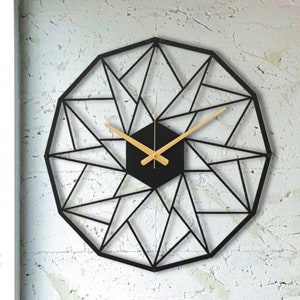 Geometric Metal Wall Clock, Oversized Livingroom Clock, Silent Wall Clock, Modern Small Kitchen Clock, Laser Cut Clock, Metal Wall Decor