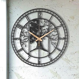 Tree Design Metal Wall Clock, Black Oversized Farmhouse Clock, Modern Silent Large Clocks For Wall, Gifts For Dad, Metal Wall Decor
