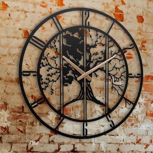 Designer Metal Clock, Four Seasson Tree Oversized Farmhouse Clock With Numbers, Modern Large Clocks For Wall, Unique Metal Wall Decor