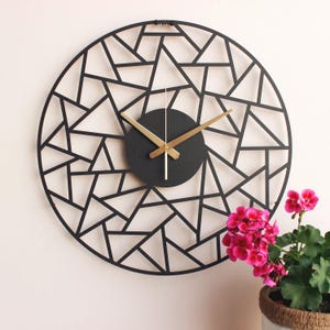 Oversized Geometric Black Clock, Modern Silent Small Metal Clocks, Housewarming Gift, Large Laser Cut Clock, Gift Father, New House Gift