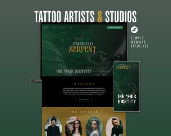 May include: Website mockup for a tattoo studio called Emerald Serpent. The website features a green and gold color scheme with a logo of a snake and the text "Ink Your Identity".