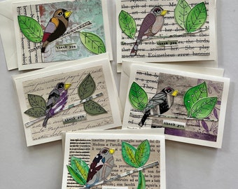 Set of five handmade collage thank you cards birds leaves