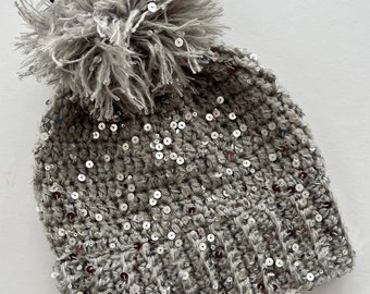 Handmade crochet sequin gray hat