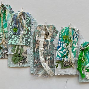 Handmade botanical journaling tags for junk journal travel journal gift giving set of five recycled handmade paper