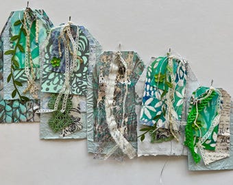 Handmade botanical journaling tags for junk journal travel journal gift giving set of five recycled handmade paper