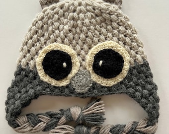 Handmade owl toddler youth winter hat with ear flaps animal hat