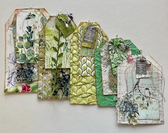 Handmade botanical journaling tags for junk journal travel journal gift giving set of five recycled handmade paper