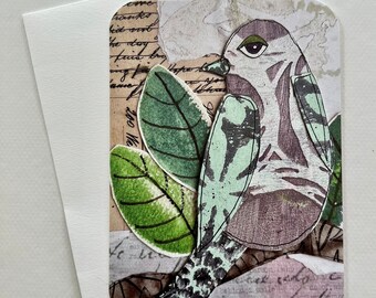 Set of five collaged blank flat notecards cards birds leaves botanical copies of handmade collages