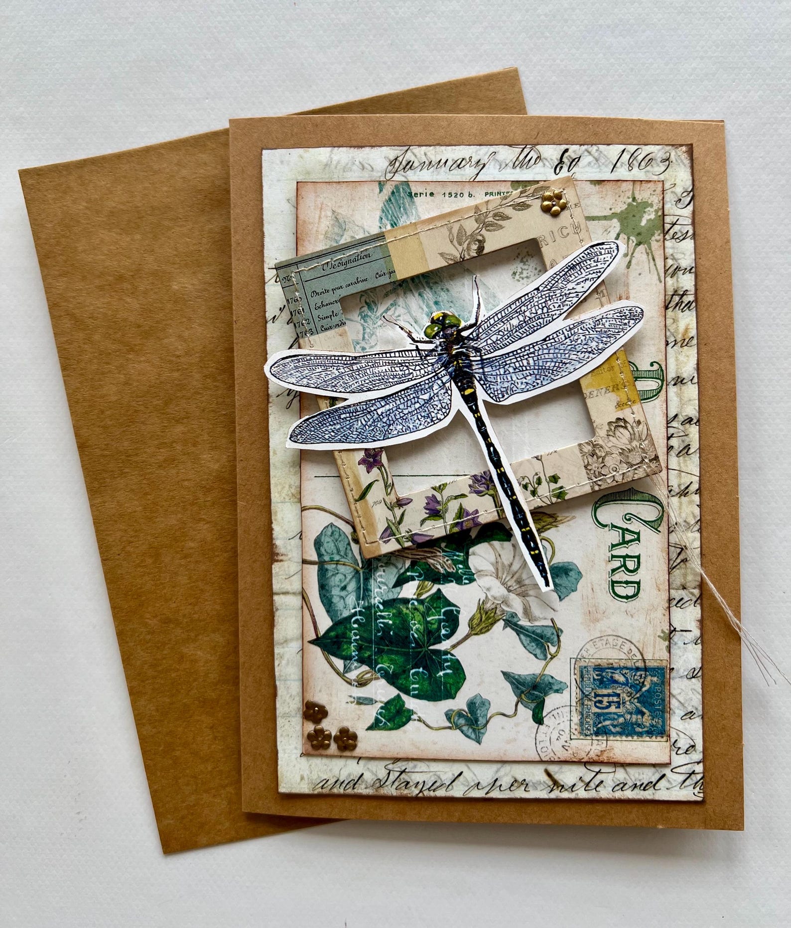 Postcard Note Card Collaged Vintage Like Postcard Florals Dragonfly Notecard Blank ...