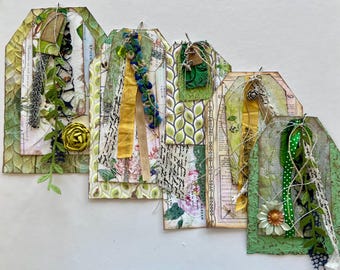 Handmade botanical journaling tags for junk journal travel journal gift giving set of five recycled handmade paper