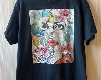 Embellished artist collaged t shirt Size XL hand stitching with beading