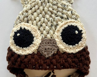 Handmade lined owl toddler youth winter hat with ear flaps animal hat