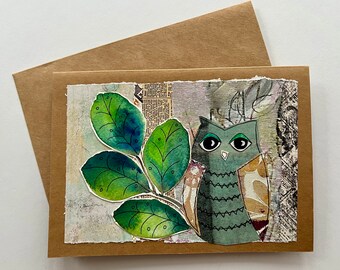 Collage owl notecard greeting card blank notecard handmade