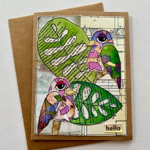 Tarjeta de felicitación con collage de pájaros, tarjeta de felicitación hecha a mano