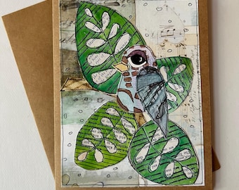 Tarjeta de felicitación en blanco con collage de pájaros, hecha a mano, de 5 x 6 1/2 pulgadas