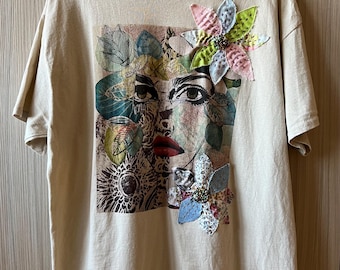 Embellished artist collaged t shirt Size XL hand stitching with beading