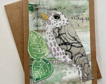 Collage bird notecard greeting card blank handmade botanical leaves