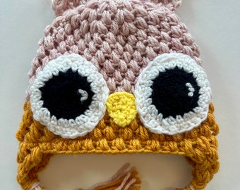 Handmade lined owl toddler youth winter hat with ear flaps animal hat