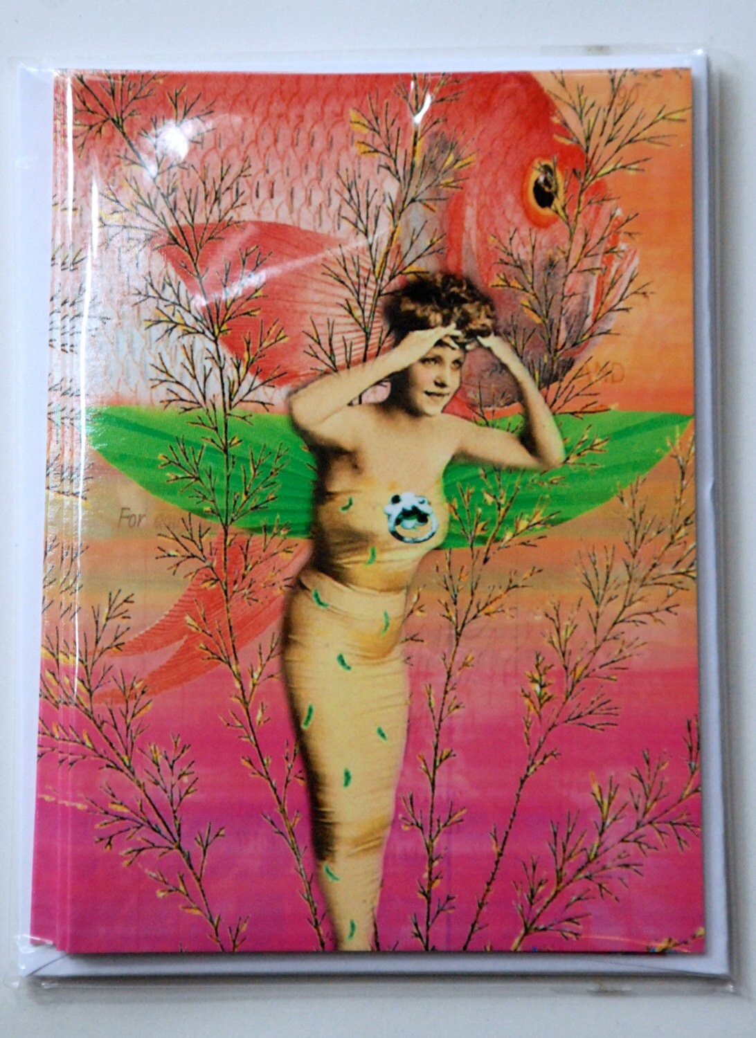Card, note card, greeting, digial collage, art card, mermaid, fish