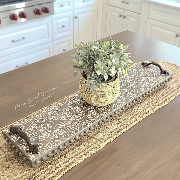 Farmhouse long table riser tray wood bead design
