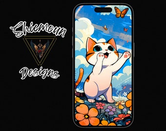 Cat Casing Butterfly Phone Background, iPhone and Android Wallpaper, Cute Cat Digital Art, Cat Lovers Background, Perfect Gift for Family