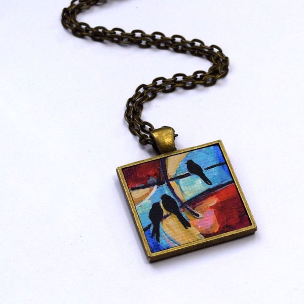 Collar pájaro, uno de una clase, pintura Original, pájaro colgante, media embutidora arte usable, rojo, collar, pintado a mano